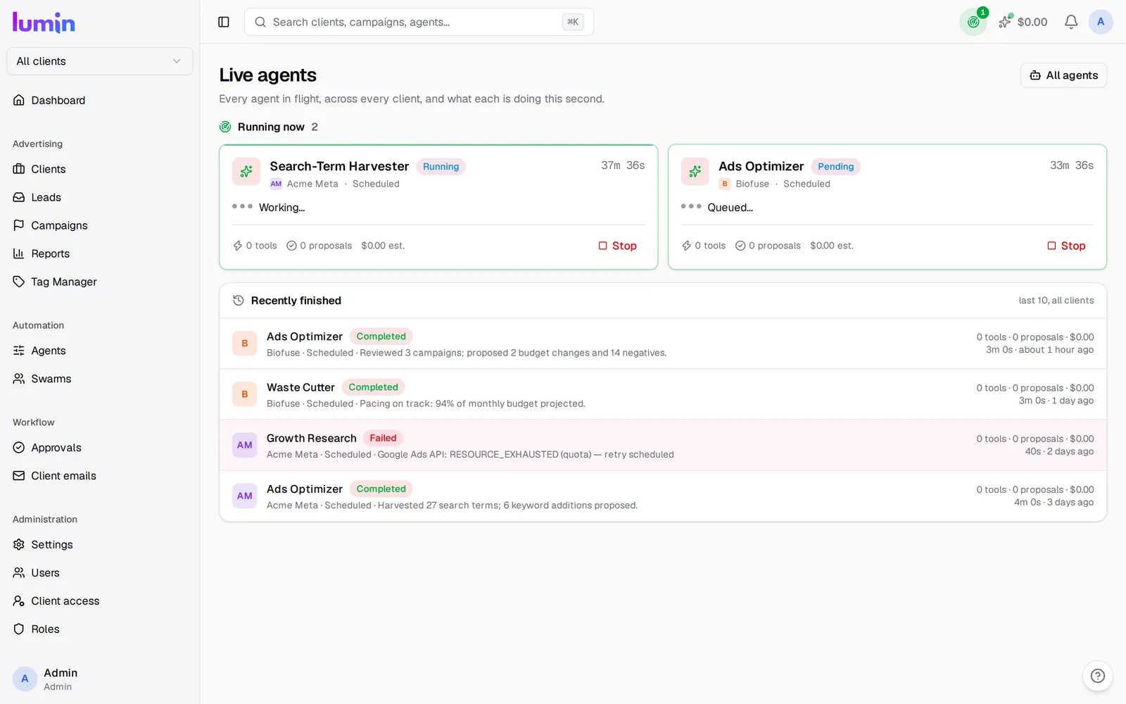Live agent runs in Lumin Ads showing which agents are working and what each finished recently
