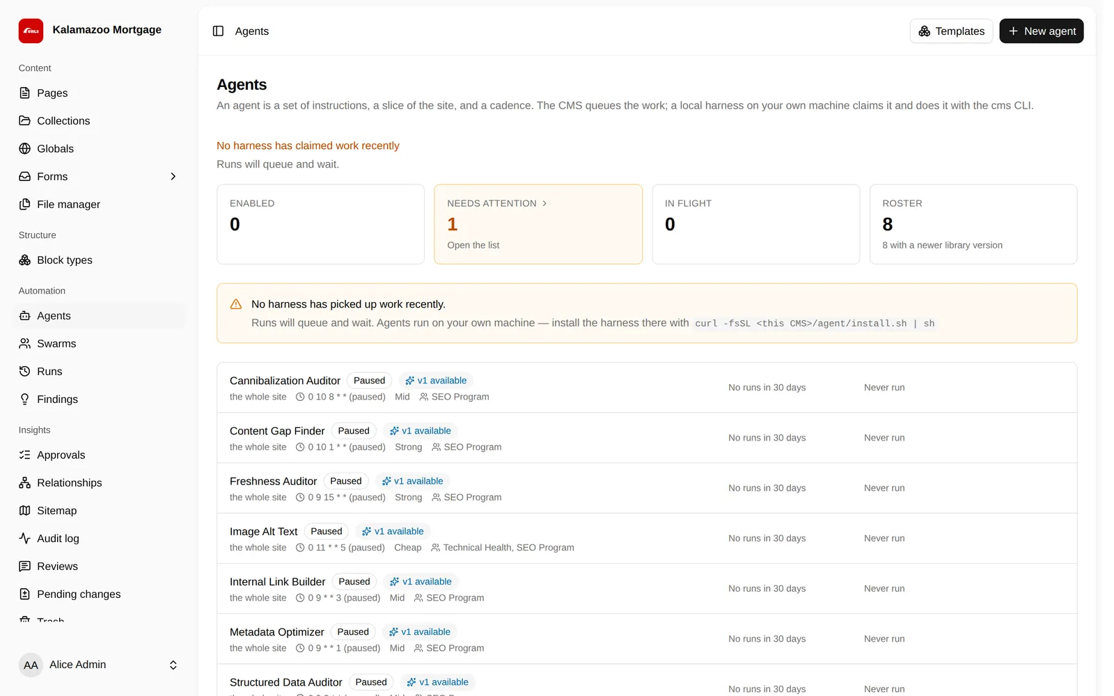 The website agents in Lumin CMS and the jobs each one runs