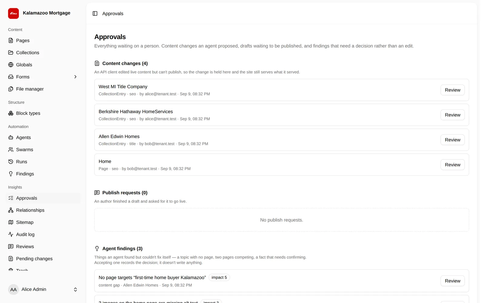 The editor's approval list on our website platform: changes agents proposed, waiting for a person