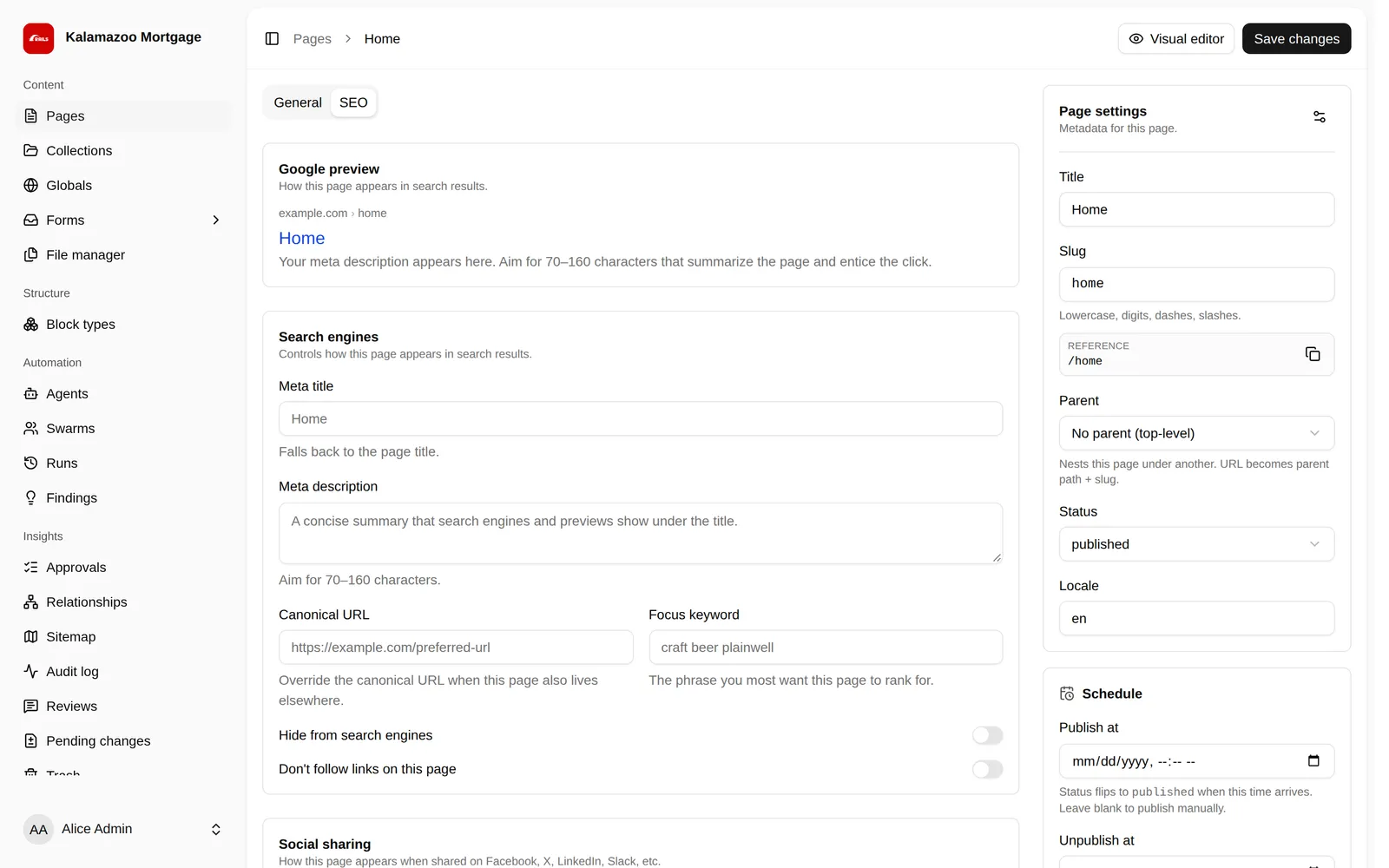 Editing a page on our website platform with a preview of how it appears in Google